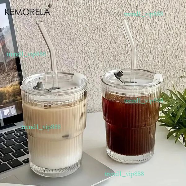 Water Bottles cup 400ml Stripe Glass cups Transparent Glasses With Lid And Straw Ice Coffee Mug Tea Literary sense cups with lid and straw 9