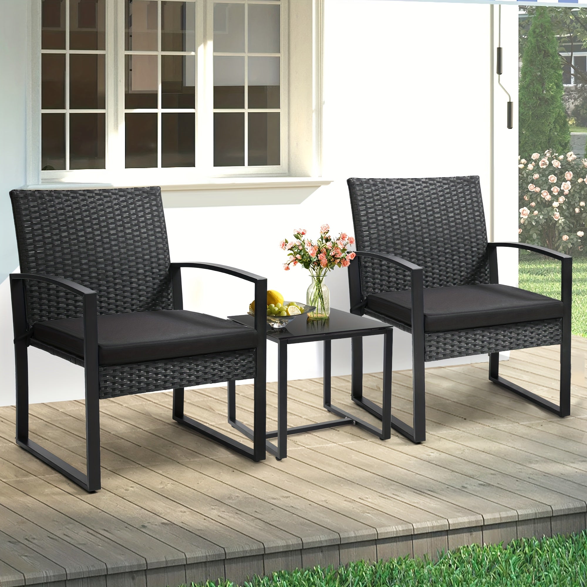 TEMU Rattan 3pcs Bistro Set, Outdoor Patio Furniture Conversation Set With 2 Chairs And 1 Safety Glass Top Table, Cushions, Wicker Porch Set, Ideal