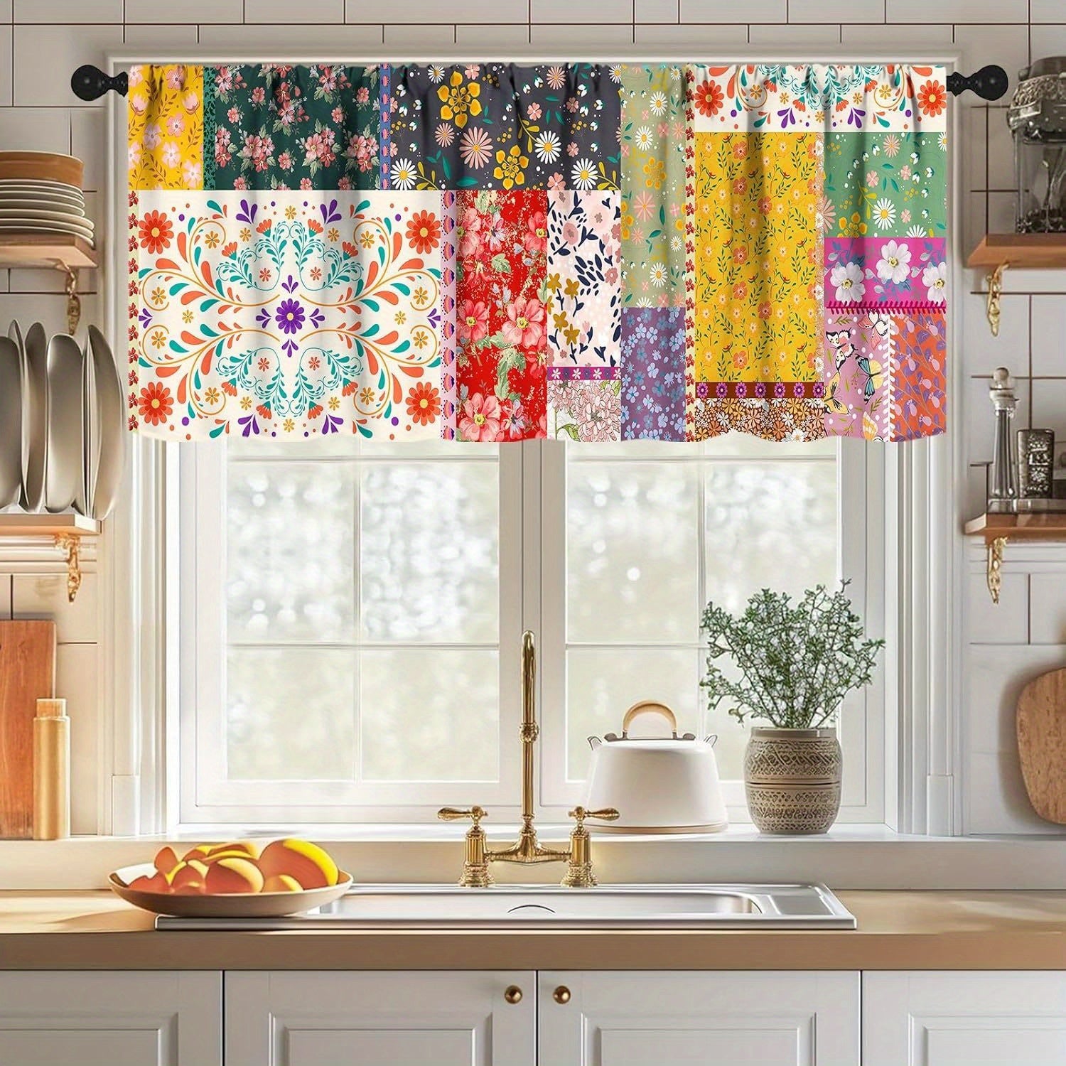 TEMU 1pc Boho Floral Valance Curtain - Rod Pocket Kitchen Curtain With Vibrant Bohemian Floral Print, 100% Polyester Beige Fabric, Light Filtering &