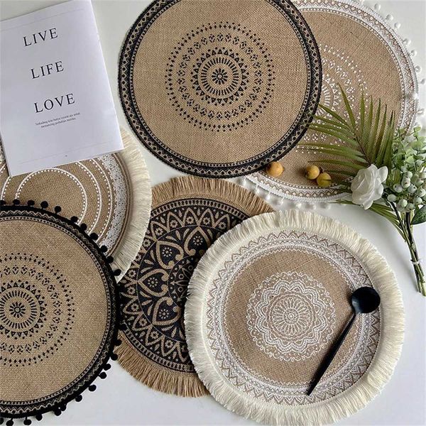 Mats Pads Vintage Pastoral Round Cotton Linen Placemats Handwoven Jute Tassels Placemats Soft Non-slip Table Pads Vase Mats Accessories z241