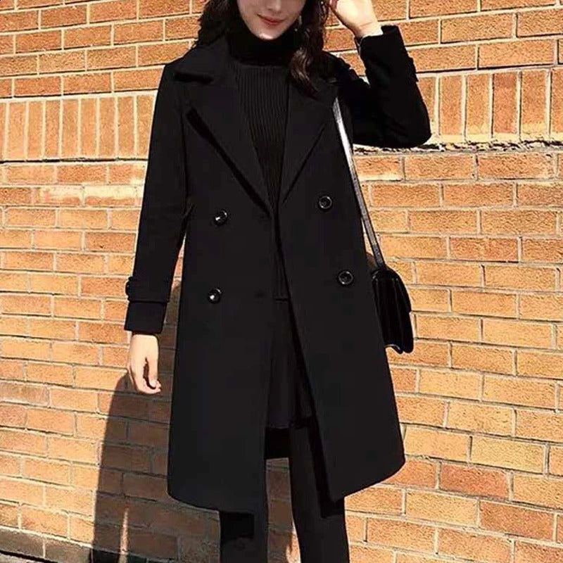 Women Autumn Winter Black Woolen Coat Female Suit Collar Korean Fashion Wool Blend Overcoat Mid Length Add Cotton Warm Jacket 240823