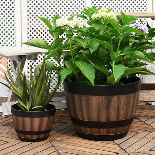Resin Whiskey Barrel Flower Pot Round Planter Indoor Outdoor Garden Yard Patio Flower Pots Green Planting Pot Flowerpot VC 240304