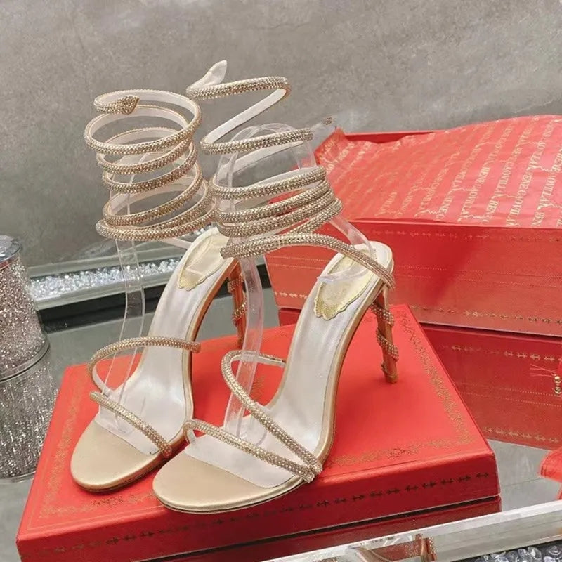 Rene Caovilla Thenew Sandals High Heels Dress Shoes Sandal Luxury Designer Crystal Ankle Strap Winding Fashionable Stiletto Heel For Womens 35---43