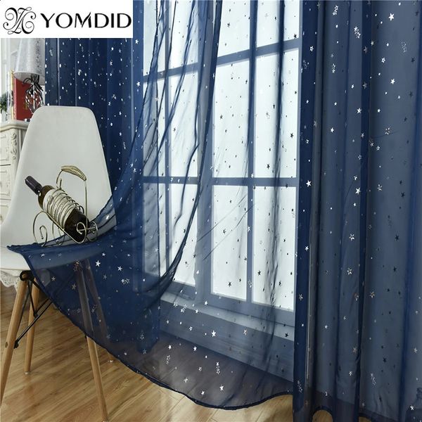 Curtain YOMDID navy blue sparkling silver star sheer curtains suitable for living rooms modern fully matched yarn with curtains transparent