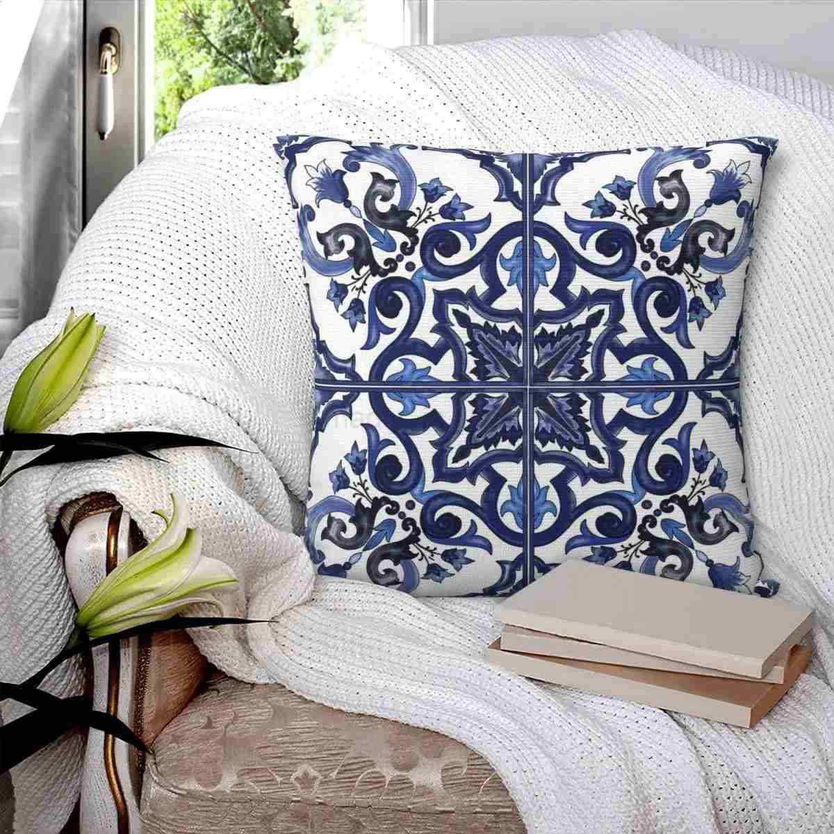 Blue Ornate Floral Mediterranean Sicilian Tile Square pillowcase pillow Cover Polyester Cushion Comfort Throw pillow for HomeM240717