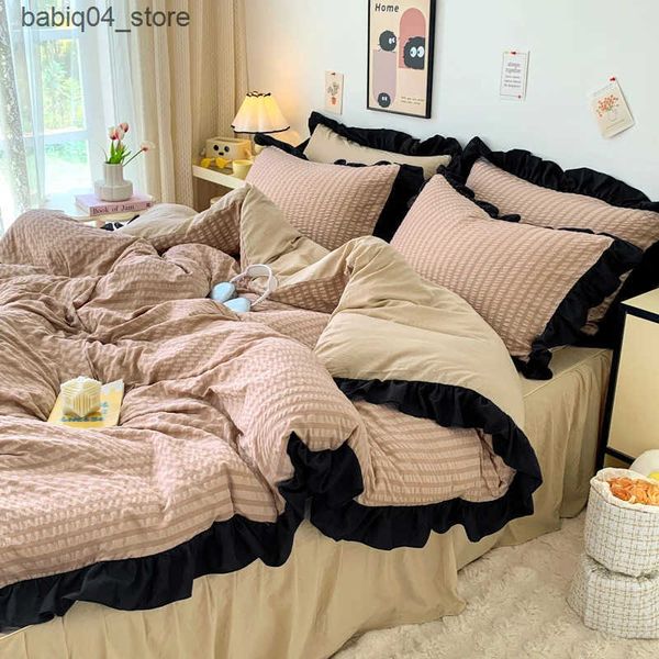 Bedding sets Bubble Yarn Seersucker French Style Princess Lace Bedding Set Duvet Cover Set Skirt Sheet Queen For Girl Decor Home L240910