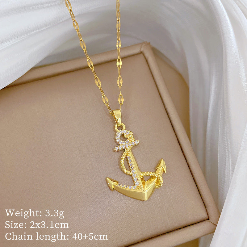 TEMU 1pc Light Luxury Anchor Necklace - 18k Golden Plated Micro-inlaid Nautical Pendant, Dainty Collarbone Chain For Women, Celebrity Inspired