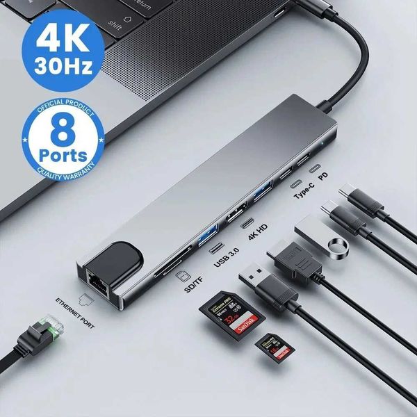 USB 8-in-1 Type C 3 1 to 4k Hub Adapter with Sd Tf Rj45 Card Reader Pd Fast Charging Suitable for Macbook Laptops CL240905