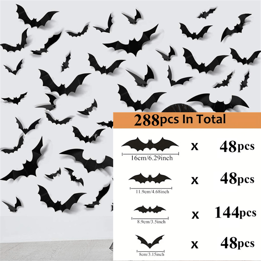 TEMU 288pcs Halloween Bats Decoration, 4 Different Sizes Realistic Pvc Scary Bat Sticker For Home Decor Wall Decal Bathroom Indoor Hallowmas Party