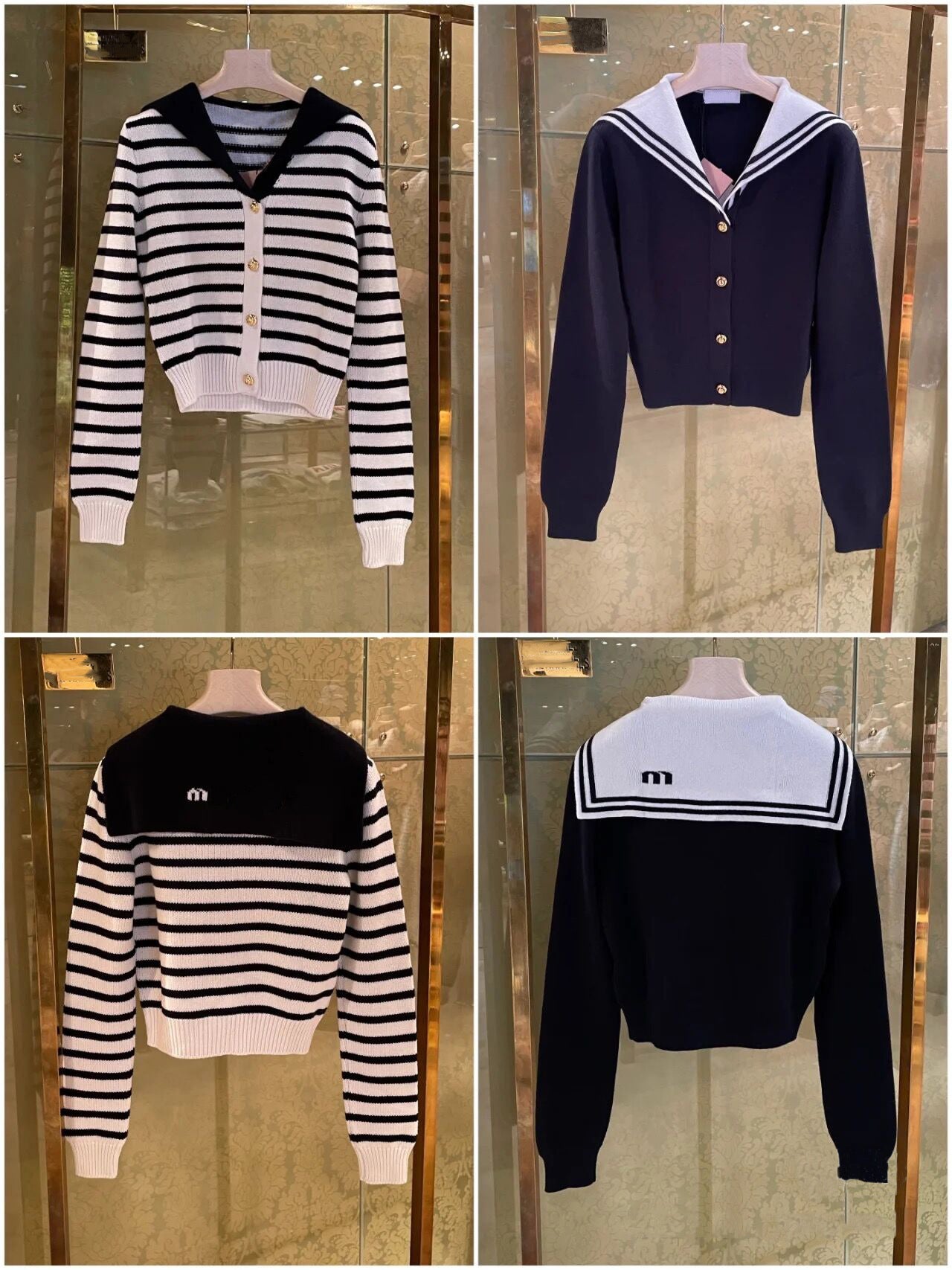 Women Knitted Sweater cardigan Sailor Collar Stripe Contrast Color Knit Shirt