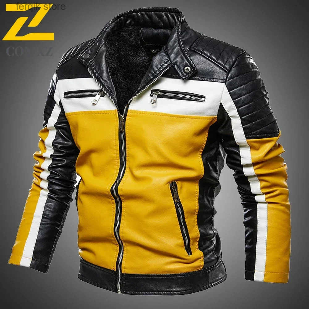 Men Yellow PU Leather Jacket Patchwork Biker Jackets Casual Zipper Coat Men Motorcycle Jacket Slim Fit Fur Lined Outerwear Coat S251010