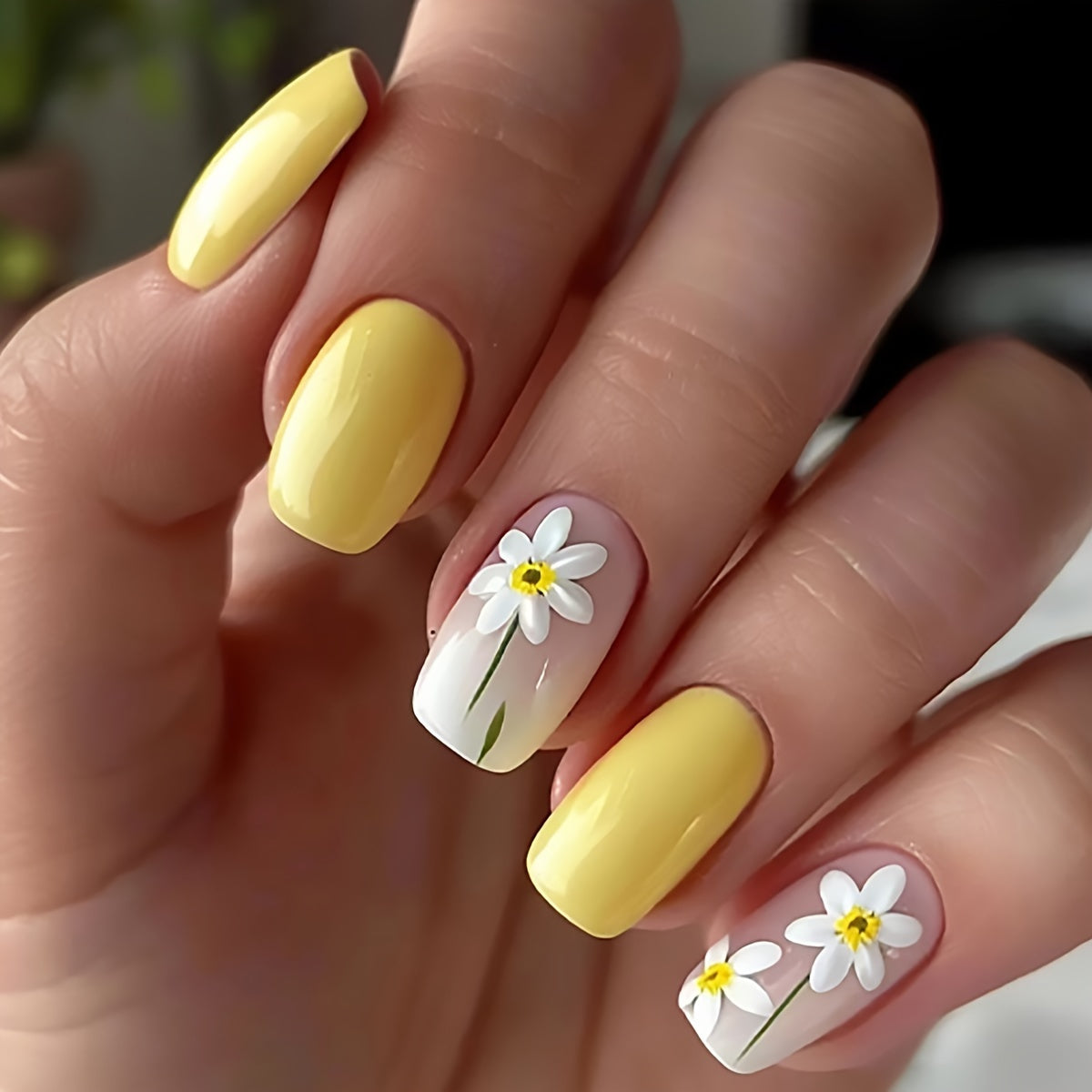 TEMU 24pcs Yellow Daisy Floral Pattern Medium Length Square Press-on Nails Set With Glossy Finish, Leaf Accents & Nail File - Elegant Spring Style