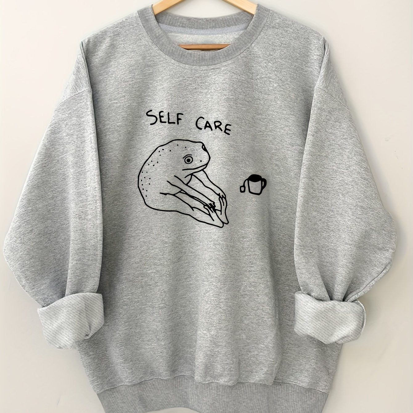 TEMU Women's Self Care Frog Graphic Long Sleeve Sweatshirt - Cute Animal Print Round Neck Pullover, Machine Washable Casual Top For Casual Attire