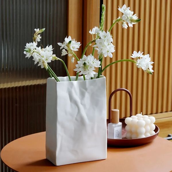 1 Curly Paper Bag Vase Minimalist Nordic Bohemian Style Ceramic Vase Used for Modern Home Decor Wedding Parties Gifts 241204