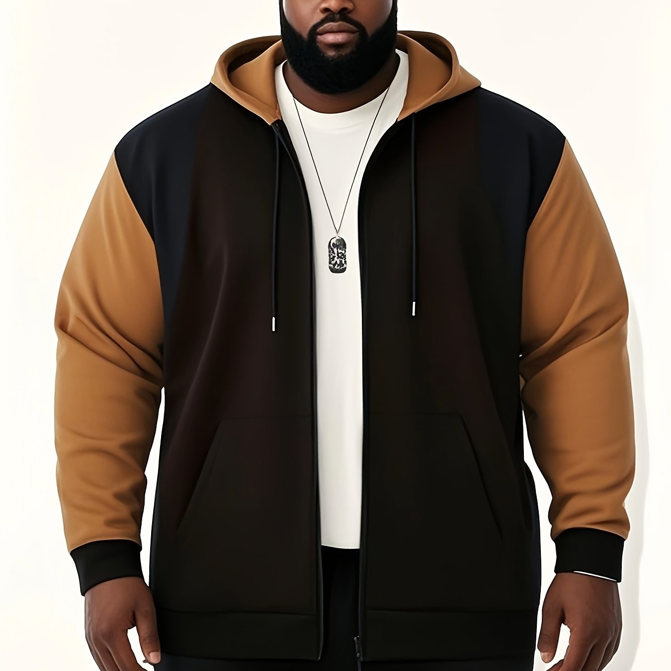 TEMU Plus Size Men's Color Block Hoodie Jacket - Stylish & Comfortable Polyester Zip-up With Pockets, Casual Hooded Sweatshirt For Casual Attire,