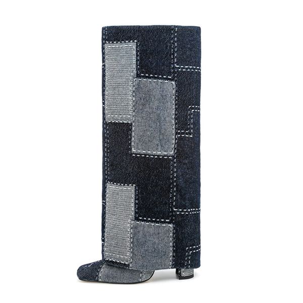 Brand Denim-sequin Knee-high Skirt Boots 2023 Autumn Winter Short Plush Embroidery Women&#039;s High Heel Cowboy Boot Size 35-44