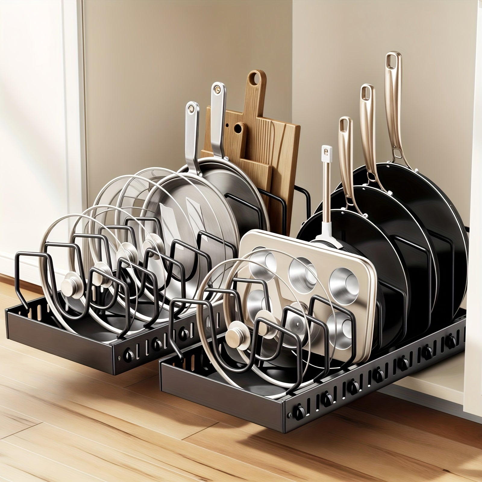 TEMU 2pcs Cookware & Frying Pan Organizer With Pull-out Pot Lid Organizer For Under Cabinets, Pot Lid Rack & 8 Adjustable Dividers, Designed For
