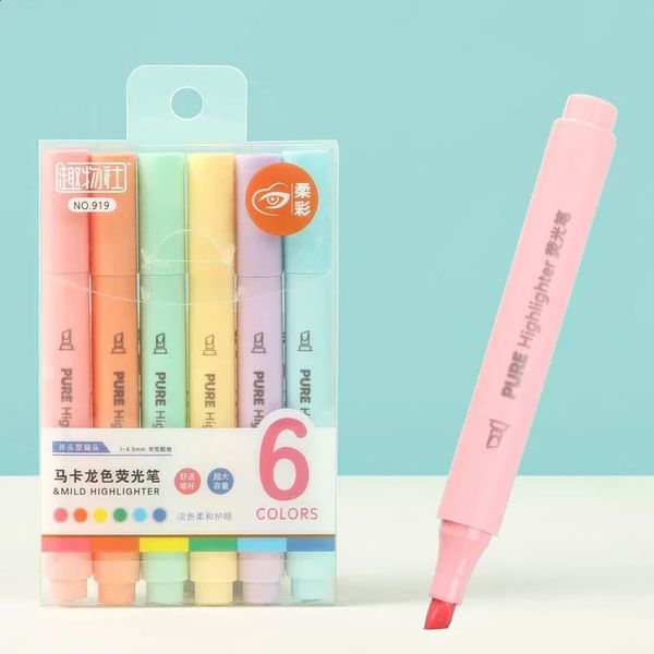 6Pcsset Pastel Color Macaron Highlighter Pen Marker Pens Fluorescent Drawing Highlighters Cute Stationery School Supplies 241119