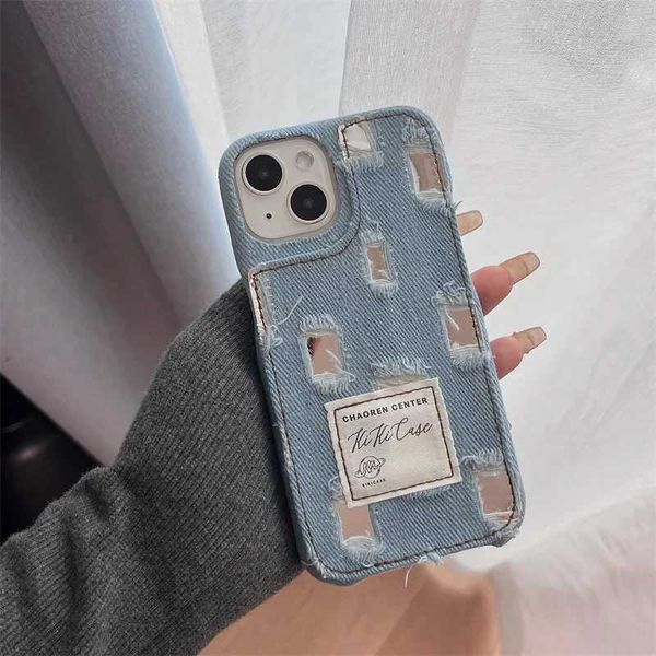 Retro Cute Jeans Canvas Hollow Out Mirror Phone Case For iPhone 15 12 13 14 Pro Max Holes Cowboy Drop Resistant Protection CoverM240816
