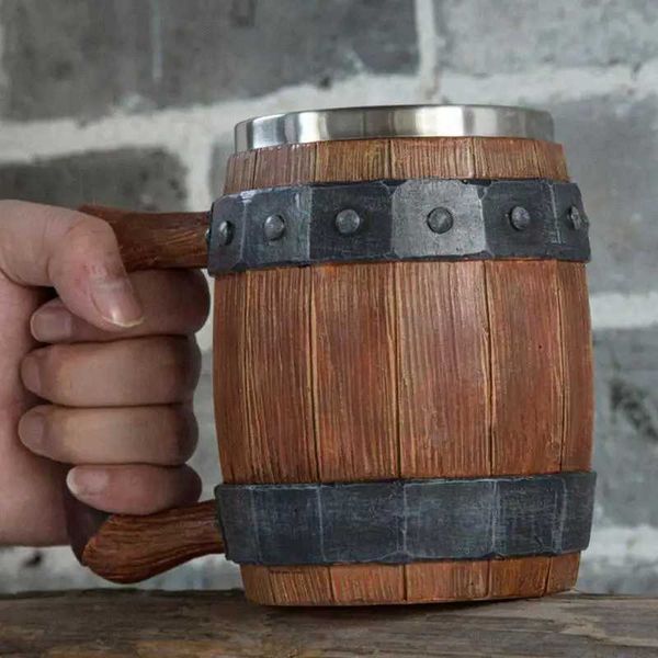 3D Wooden Barrel Beer Mug Stainless Steel Water Mug Coffee Cup Handmade Antique Mens Barrel Beer Cup Fathers DayM240803