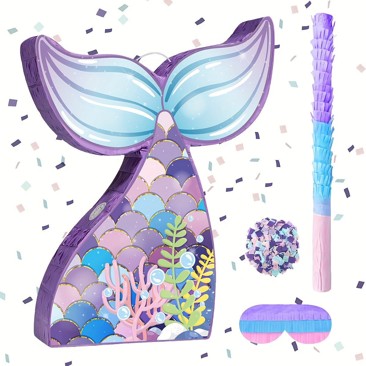 TEMU Mermaid Tail Pack With 3pcs - Pinata, Blindfold, And Stick - Mermaid Party Decorations And Supplies For Birthday Celebrations, Festive - Durable