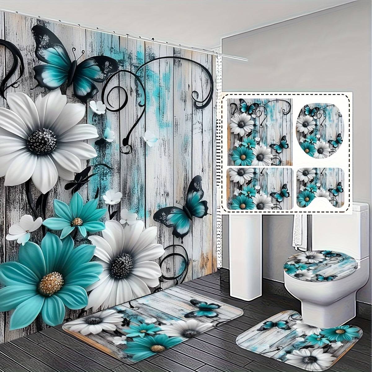 TEMU 4pcs Shower Curtain Set, Fashionable And Simple Teal And White Floral Bathroom Set With 12 Hooks - Shower Curtain And Rug Collection Exquisite