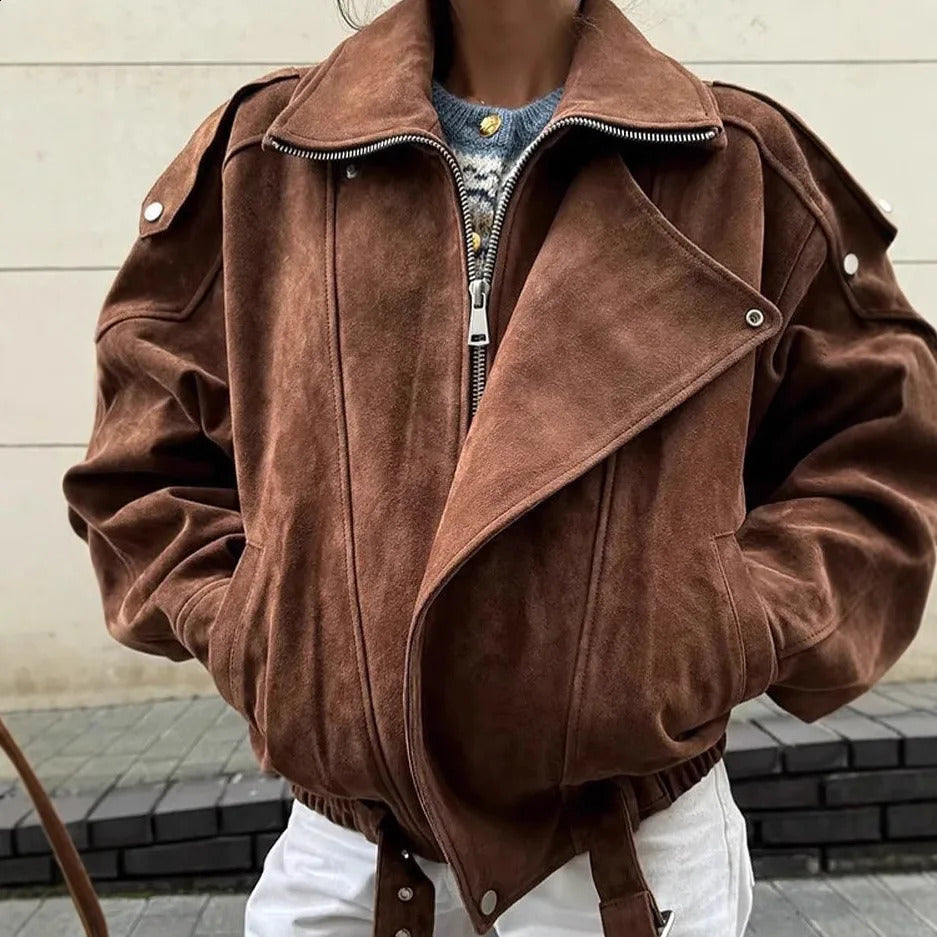 Vintage Suede Jacket Women Belt Loose Lapel Zippers Pockets Outerwears Lantern Sleeve Brown Coats Lady Spring Autumn Streetwear 250801