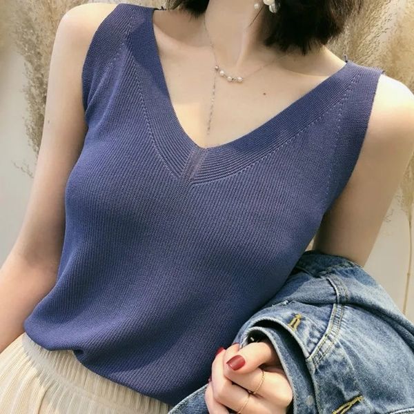 Women&#039;s Tanks Camis Knit Tank Top VNeck Ice Silk Blue Sleeveless Summer Clothing Vests For Women Korean Fashion Loose Elegant Casual 23