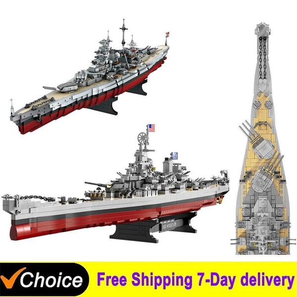 NEW Military Battleship Series Missouri Battleship Crusier Model Building Blocks Bismarck Cruiser Boat Bricks Toys Kids Gifts Z250211