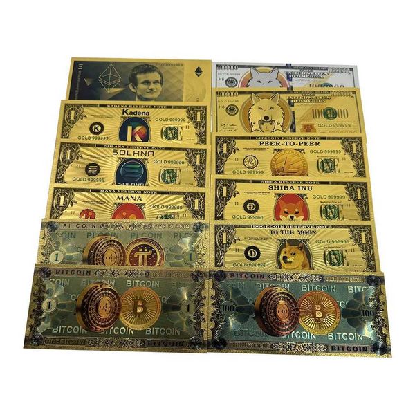 Other Special Paper 6 Designs Beautiful WOW Gold Plated Dogecoin SHIBA Litecion Gold Banknotes Red Dog Baby Dog ETH Bitcoin Cryptocurrency B