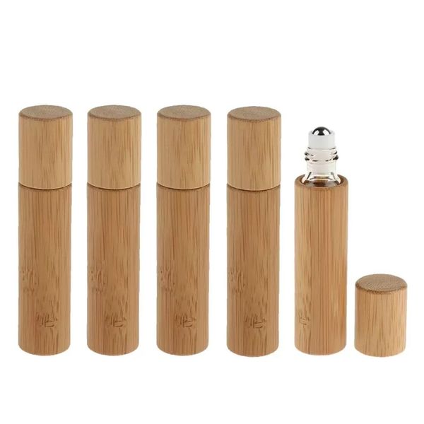 1PC 10ML Empty Oil Bottle Stainless Roll On Ball Perfumes Aromatherapy Bottles Oils Roller Bamboo Wood Bottle Perfume