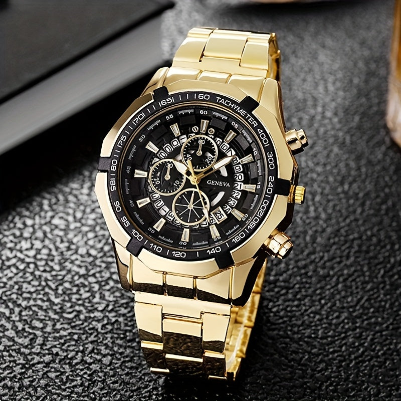 TEMU Men's Luxury Stainless Steel Quartz Watch - Round Dial With Golden Markers & Black Dial, 3 Sub- Chronograph, Date Indicator, Comfortable Metal