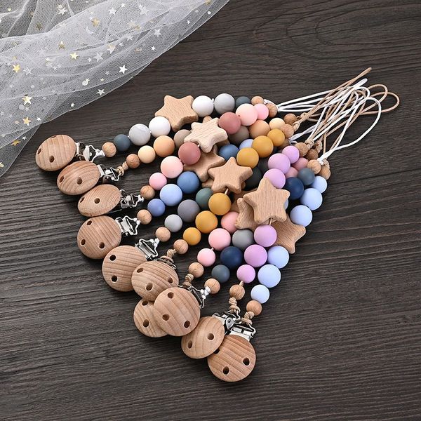 Baby Pacifier Chain Clips Wood Pentagram Teether Silicone Round Beads Teething For Care Soother Chew Toys Shower Gift 241205