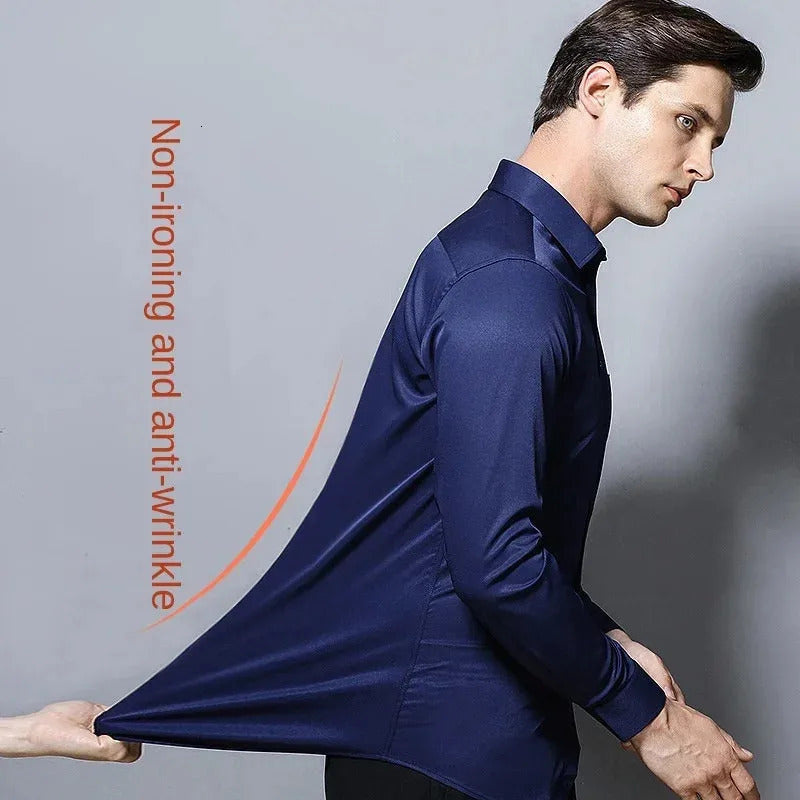 Mens Long Sleeved Elastic Shirt Non Ironing Casual Business Dress Professional Work Attire Slim Fit Navy Office Menswear 100KG251008