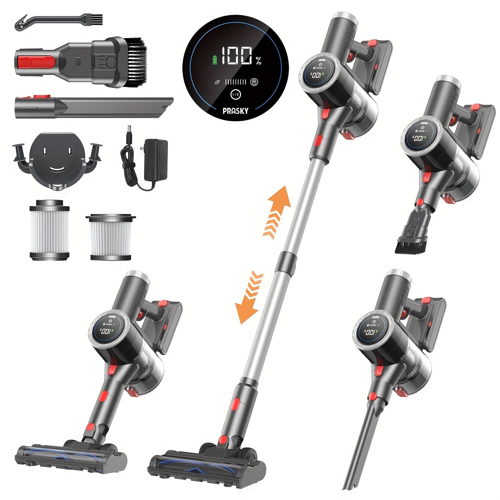 TEMU Prasky Cordless Vacuum Cleaner, 46kpa Up To 50 Mins , Flex & Self-standing Design, Stick Vacuum With Charging Dock Station Removable Battery,