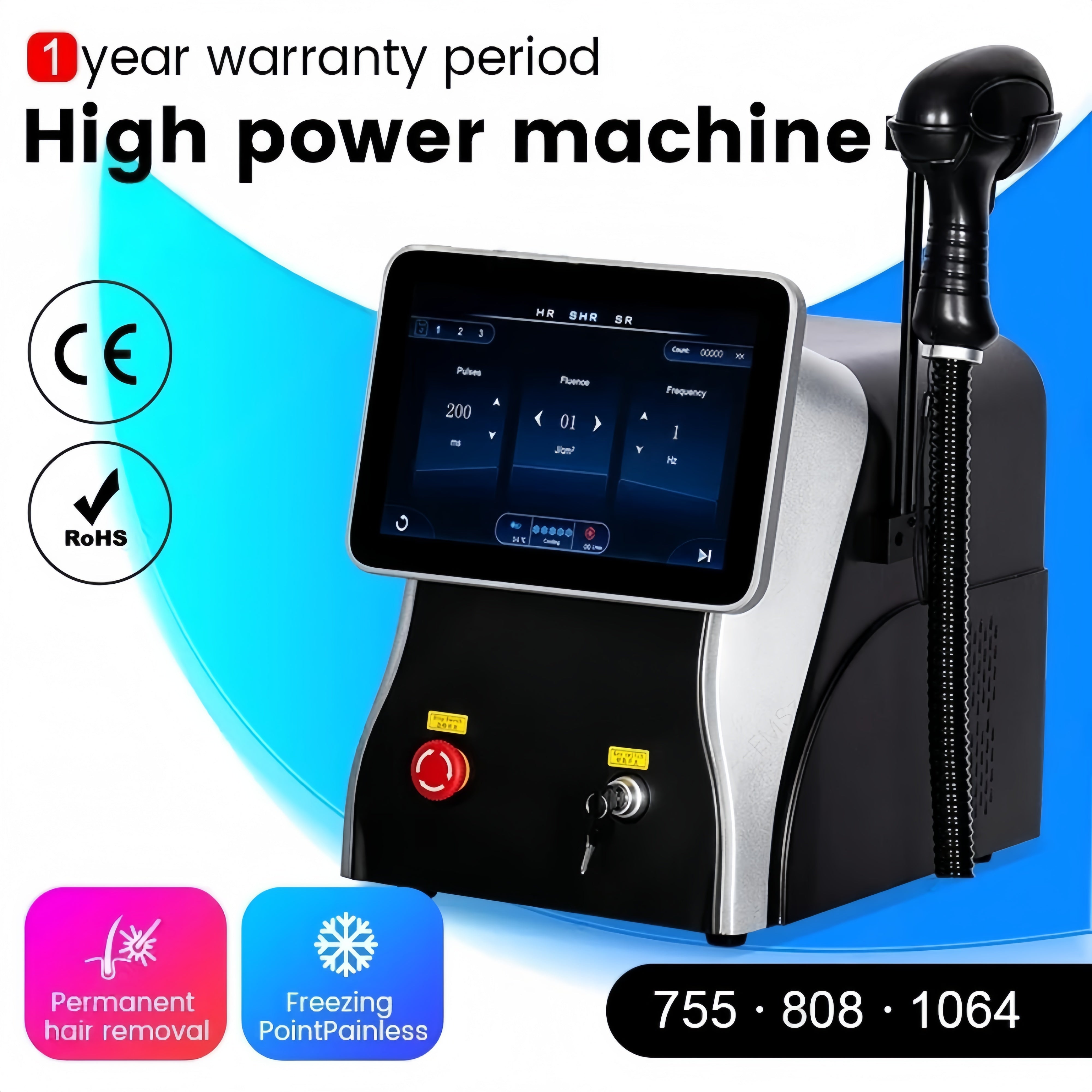 Professional 3-Wavelength 755nm 808nm 1064nm Non-invasive Diode Laser Ice Titanium Permanent Painless hair removal Machine