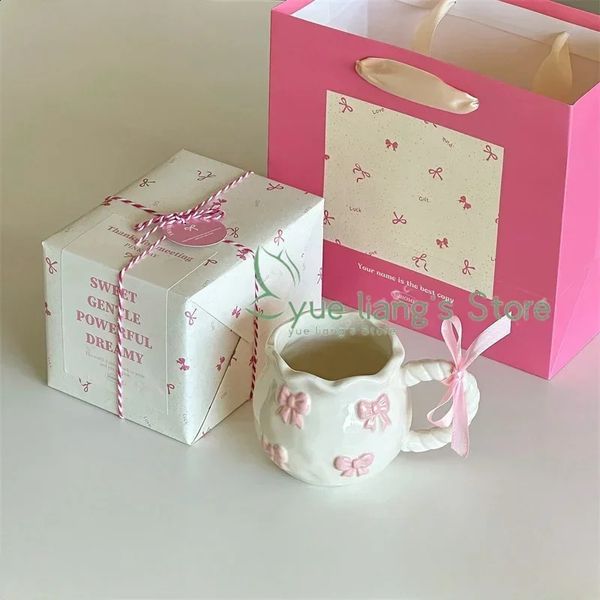 Handmade irregular cup pink 3D bow coffee artistic niche gift ceramic water 240903