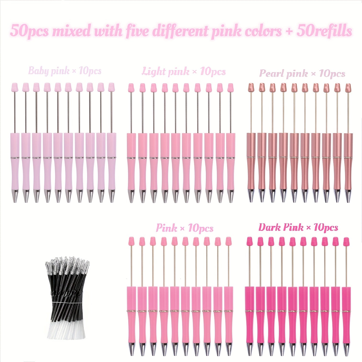 TEMU 50pcs Pens+50pcs Refills Set, Beautiful And Cute Plastic Beadable Pen, Pens Black Ink Ballpoint Pens Diy Pens For Students Teacher Bridal