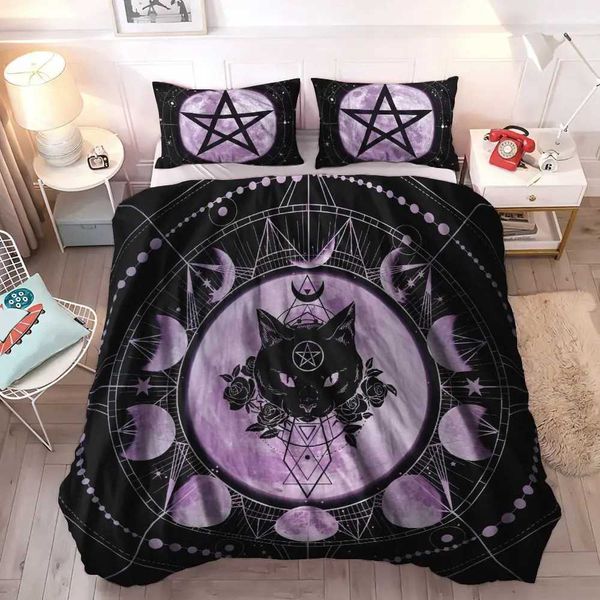 Wiccan Occult Duvet SetGothic Black Cat Bedding Sets Mysterious Sun and Moon Comforter Cover Queen Size 2-3PCS Y240730