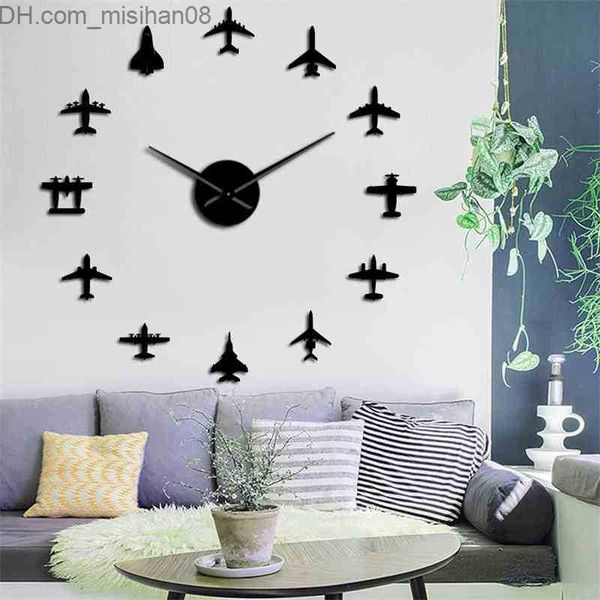 Wall Clocks Flying Plane Fighter Jet Modern DIY Giant Wall Clock Acrylic Mirror Surface Sticker Airplane Wall Clock Aviator Pilot Home Decor