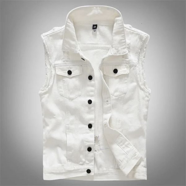 HOO 2024 mens white denim vest cultivate ones morality leisure hole collar vest 240802