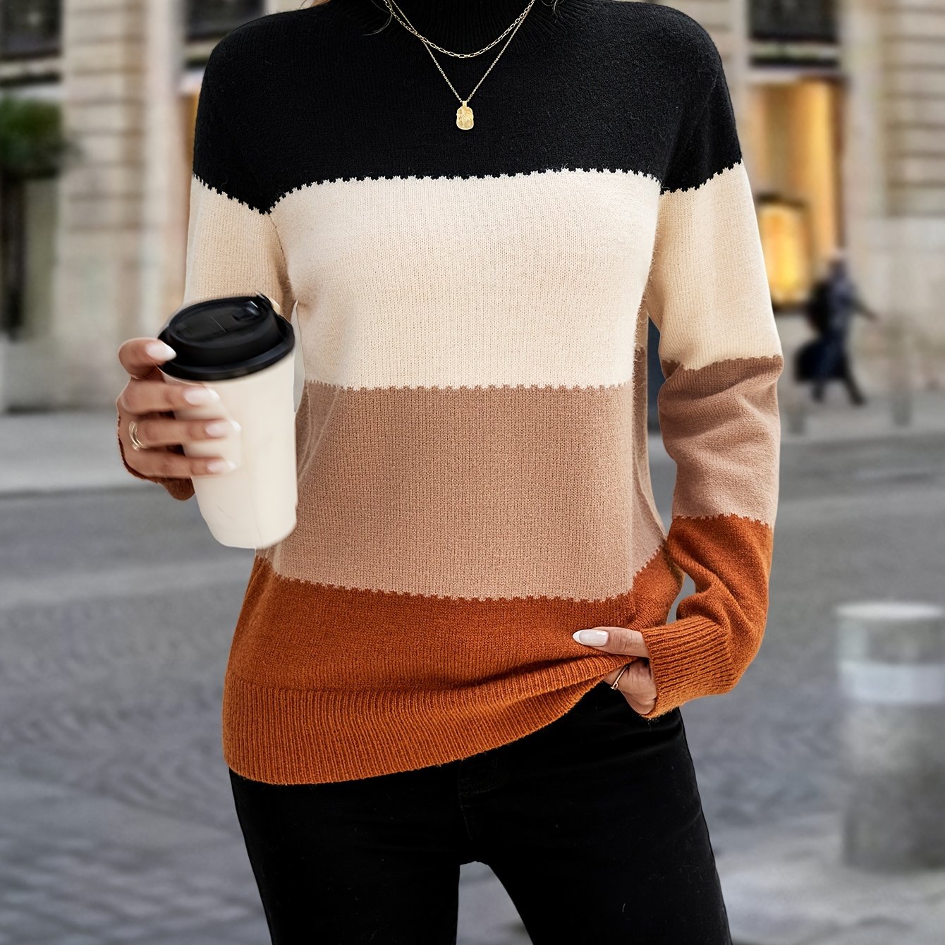 TEMU Women's Elegant Striped Cardigan - Long Sleeve Crew Neck, Color , & Brown, Casual Fall-winter Pullover With Button Details, Casual Winter Wear |