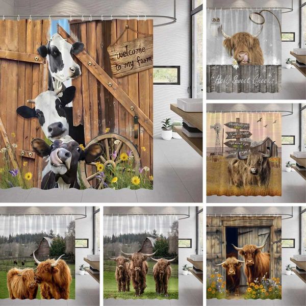 Funny Farm Cow Shower Curtain Rustic Wooden Door Highland Cow Wooden Panel Lavender Flower Cloth Hanging Curtains Bathroom Decor M240824