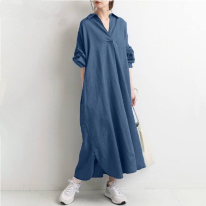 (51) New Fashion Casual Full Sleeve Solid Color Retro Collar Buttoned Long Shirt Dress