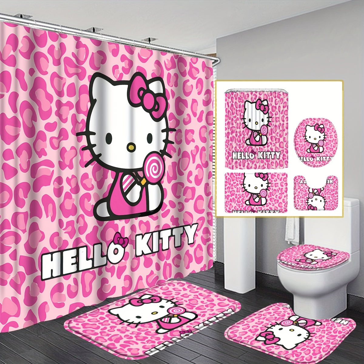 TEMU For Hello Kitty 4pcs Shower Curtain Bathroom Sets Full Set, Pink White & Leopard Print Bathroom Decor And Accessories, Kawaii Bow Pattern