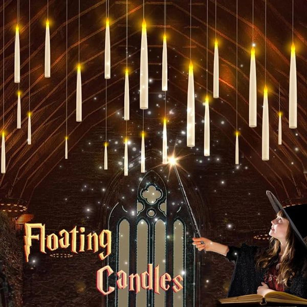 Christmas Floating Candles With Magic Wand RemoteLED Flameless Warm Hanging CandleFlickering Battery Operated Taper Candle 240827
