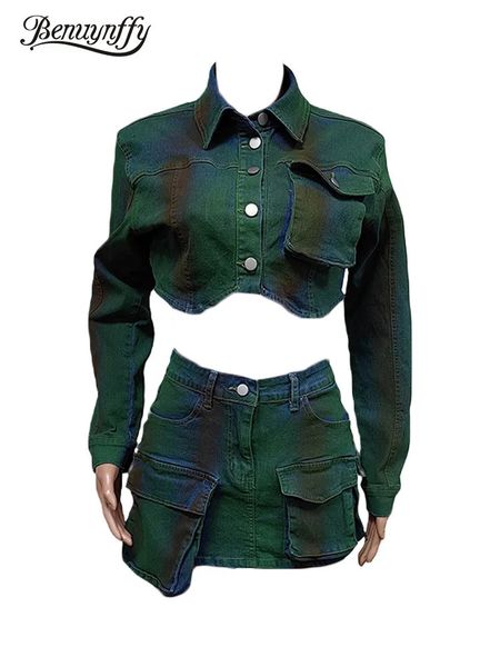 Two Piece Dress Benuynffy Skirt Set Women 2024 Spring Long Sleeve Crop Denim Jacket Streetwear Cargo Mini Skirts Festival Outfit 231123