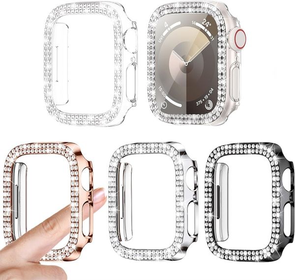 Women Glitter Diamond Rhinestone Protector Case for Apple Watch Series 9-8-7-6-SE-5-4-3-2-1 41mm Bumper Bling Cover for iWatch Accessories 3