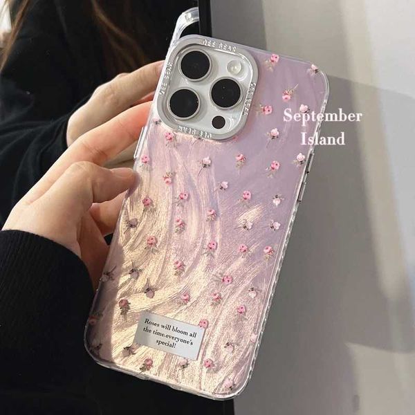 Luxury pink flower glitter laser phone case suitable for iPhone 16 Pro Max 15 14 13 12 Pro Max shock-absorbing lens protective cover M241008