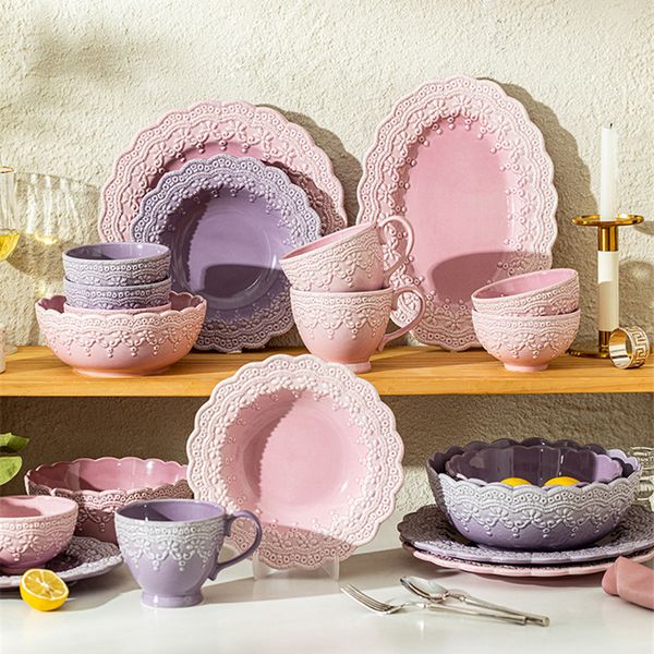 Ceramic Set French Lace Pink Retro Steak Pasta Dinner Plate Salad Bowl Elegant Purple Home Banquet Tableware Cup